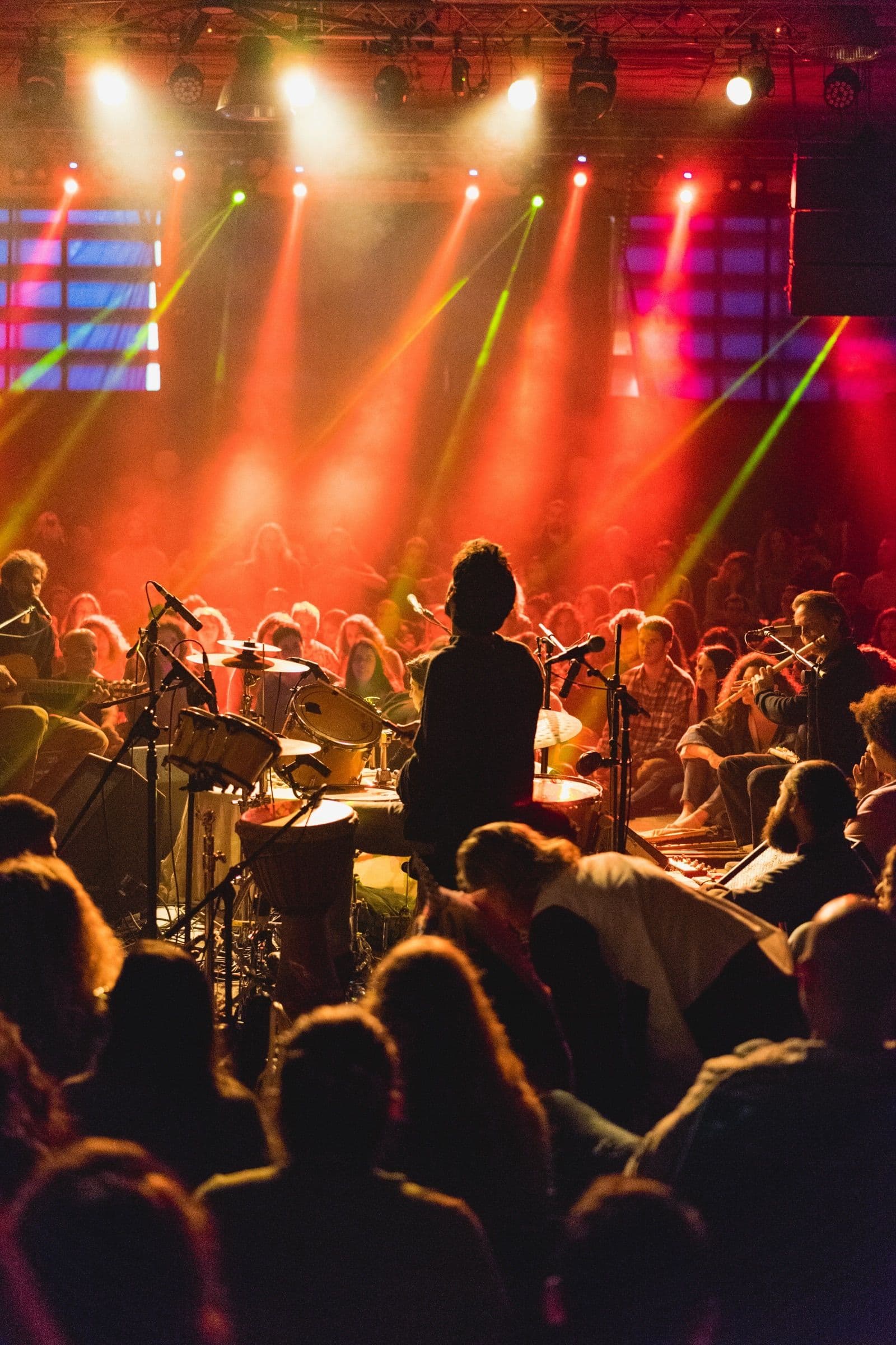 Concierto visto desde el público con el escenario iluminado por focos rojos y verdes.